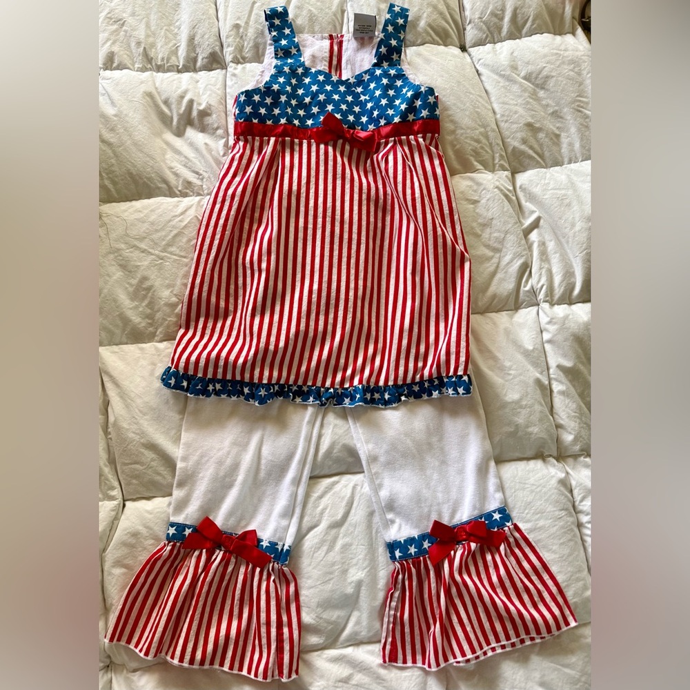 Girls Sz 9/10 Patriotic Red White Blue Tunic Ruffle Pants Fourth of July 250 yrs